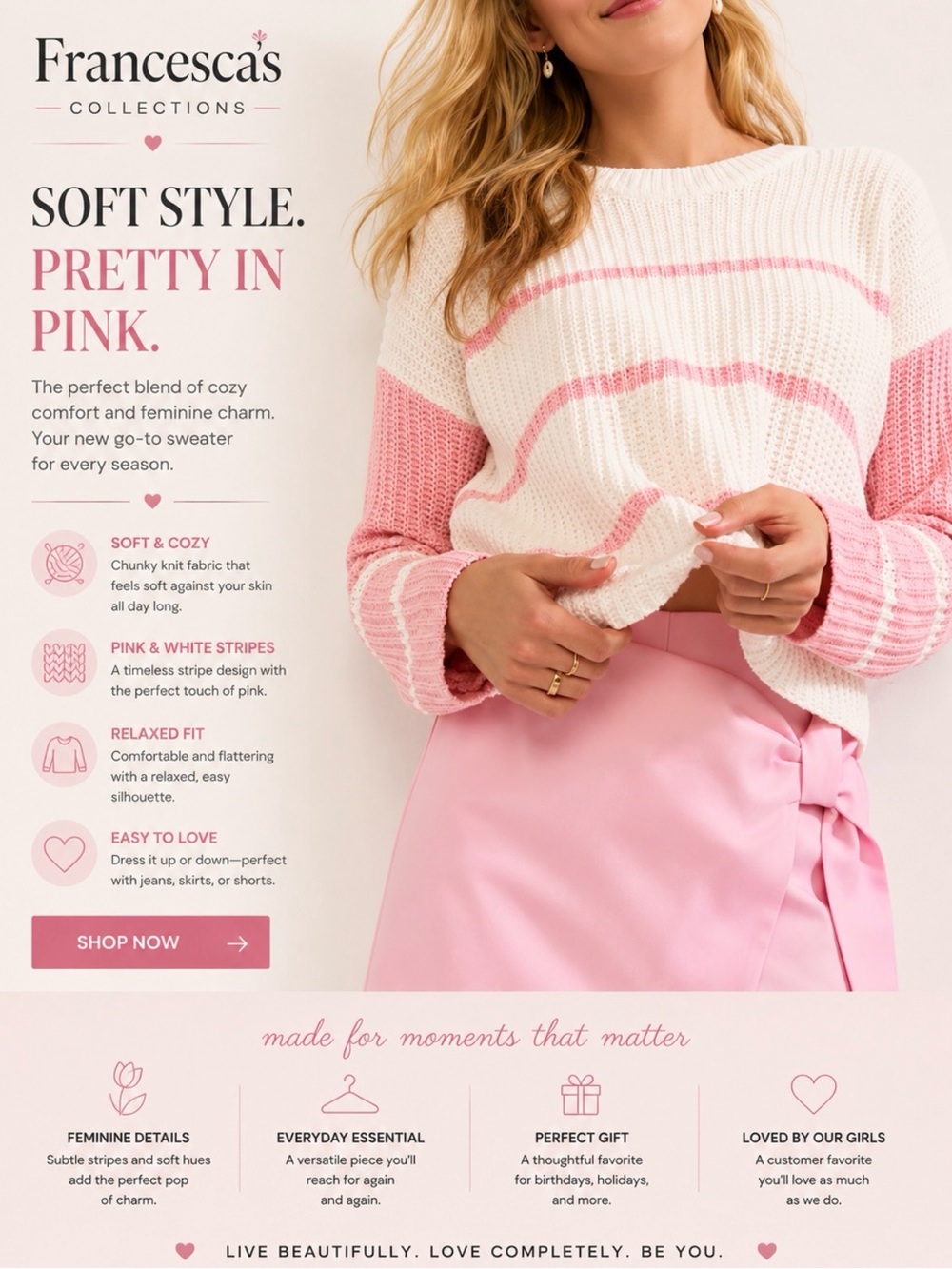 Francesca's Collections Pink and White Knit Sweater medium